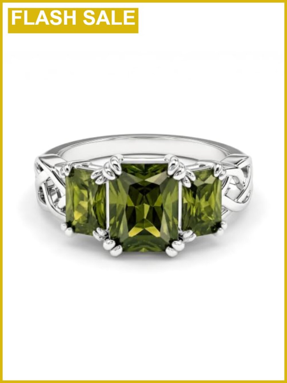 3.6CTTW Peridot 3-Stone Celtic Knot Promise Ring White Gold Plated